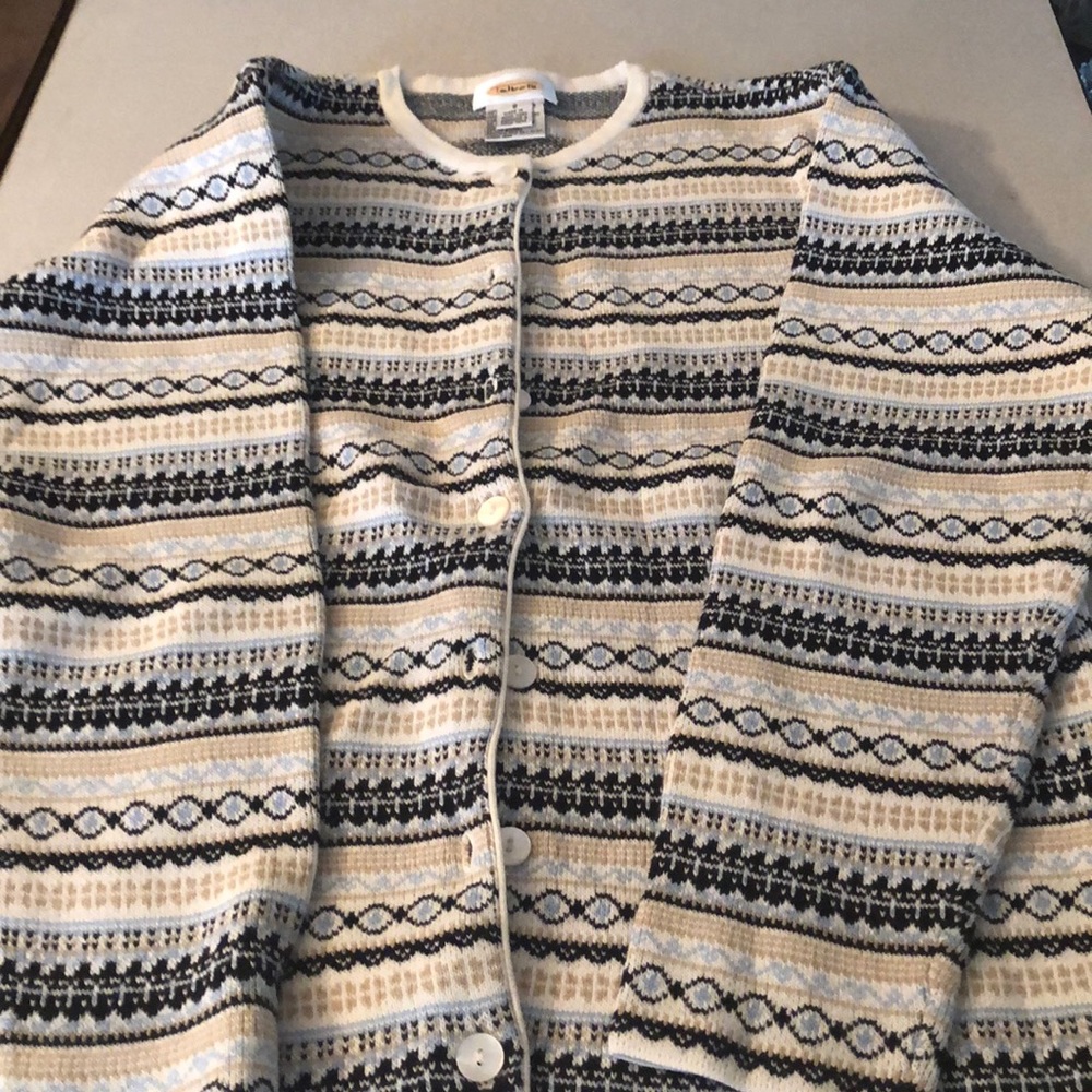 Talbots  beige and blue patterned cardigan
